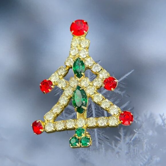 Estate Jewelry - Vintage Christmas Tree Brooch Pin Open Work Prong-Set Colored & Clear Rhinestone